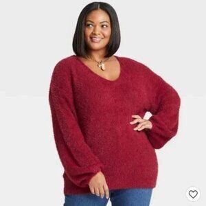 Ava & Viv Sweater Burgundy Fuzzy V Neck Pullover Boucle Womens Plus Size